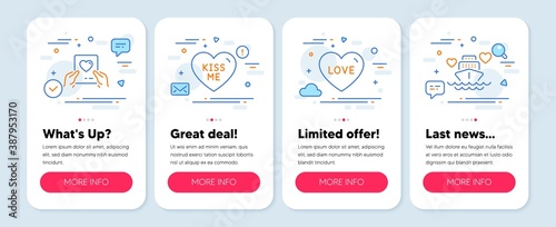 Set of Love icons, such as Love, Kiss me, Love mail symbols. Mobile app mockup banners. Honeymoon cruise line icons. Sweetheart, Valentine letter, Romantic cruiser. Love icons. Vector