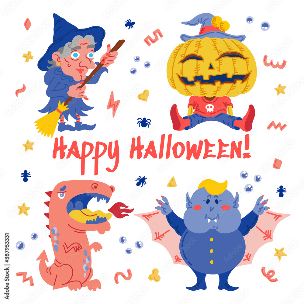 Monster Cartoon Character set. Handdrawn vector illustration with Pumpkin, Witch, Dragon, a Vampire and small patterns. Mystery, All Saints Day concept for halloween party, posters, greeting cards