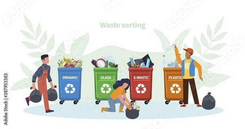 Waste management concept. People throw garbage in containers, women and man separate trash, pollution protection and ecology recycle vector ecological illustration for save the Earth