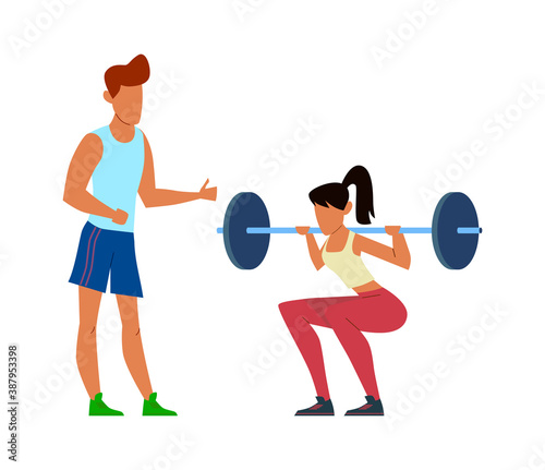 Active sport woman with trainer, girl in sportswear powerlifter squatting using heavy barbell with fitness coach, bodybuilding in gym concept vector illustration