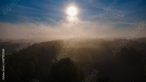 mgła poranna nad lasami i łąkami Górnego Śląska, Polska