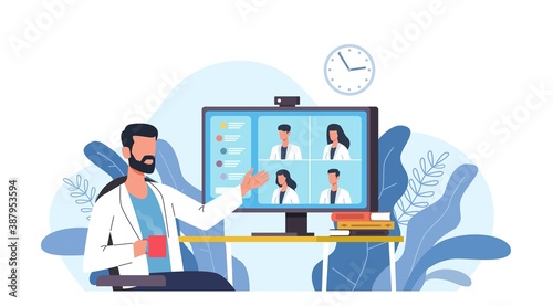 Medical video conference. Online doctors meeting with computer app, web consultation. Internet working webinar with hospital specialist. Telemedicine, medic advice telehealth vector concept
