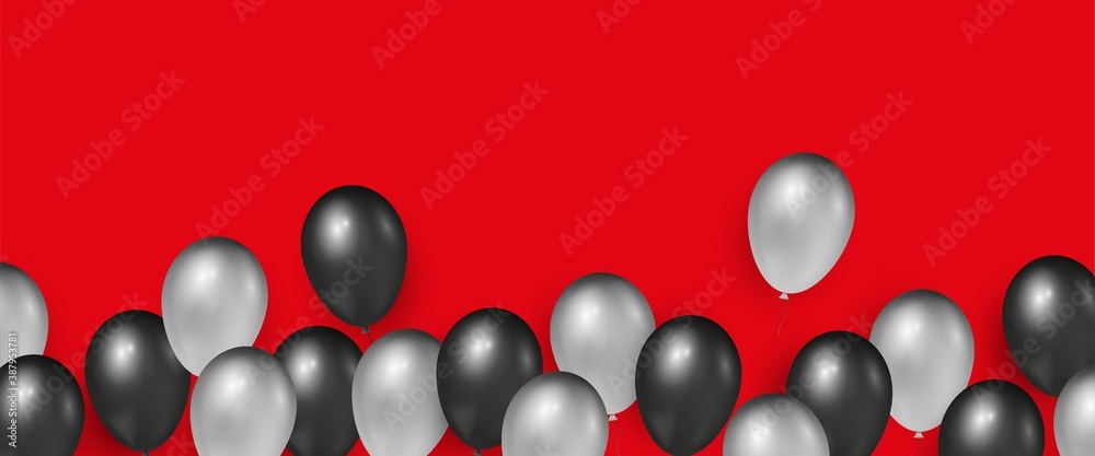 Red background with black and silver realistic glossy balloons for Black Friday Sale banners and flyers Red background with black and silver realistic glossy balloons for Black Friday Sale banners and flyers