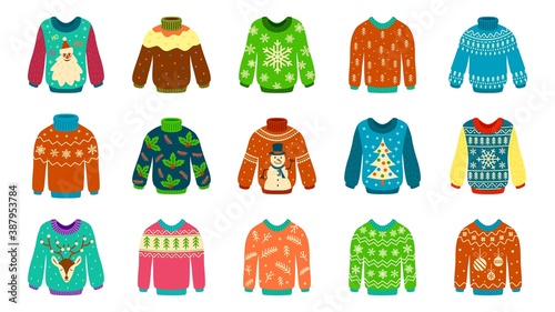 Knitted sweater. Woolen ugly jumpers with christmas patterns, pullover stylish holiday design, new year winter collection. Hand drawn isolated vector doodle set of cute cozy xmas clothes
