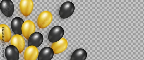 Transparent background with black and gold realistic glossy balloons for Black Friday Sale banners and flyers