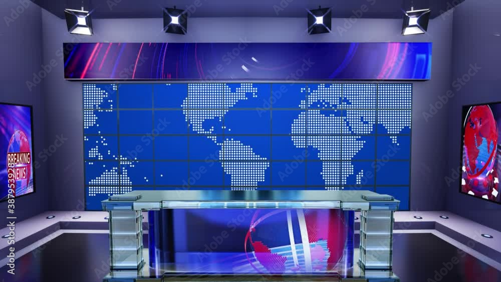 3D virtual news studio with news background Loop 4k