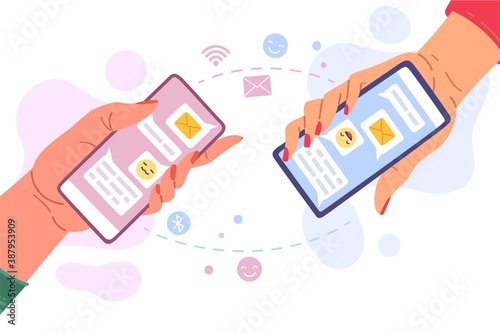 Phone messages communication. Hands holding phone people write sms send emoticons, remote internet messenger conversation, online message to friend vector cartoon concept illustration