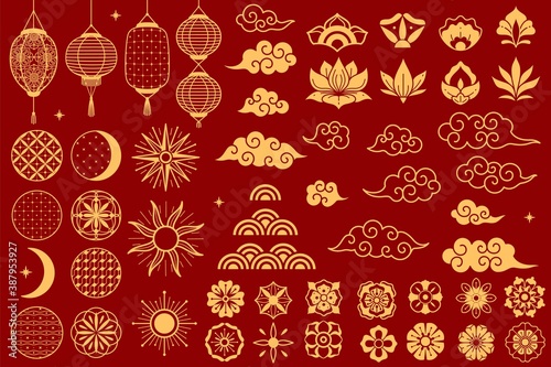 Asia elements. Chinese festive decorative gold traditional symbols, lotus flowers and lanterns, clouds and moon. Oriental new year line and silhouette golden objects vector isolated set