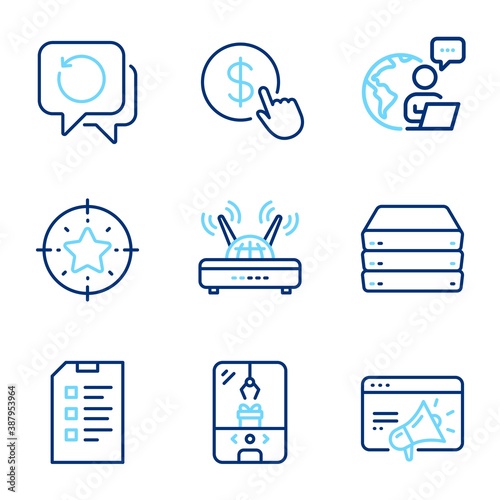 Technology icons set. Included icon as Buy currency, Servers, Seo marketing signs. Wifi, Recovery data, Star target symbols. Crane claw machine, Checklist line icons. Line icons set. Vector