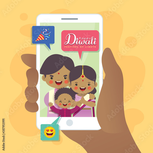 Diwali or Deepavali greeting card. Cartoon Indian family having video call using smartphone. Video call concept art. A hand holding device with people on screen. Flat vector illustration.
