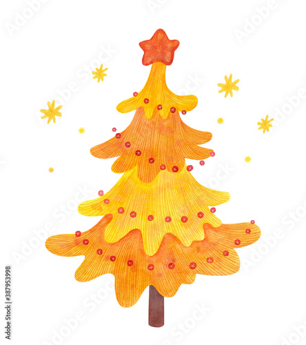 Nice Christmas tree decorated with garland and a big star on top. Watercolor illustration on white background. Perfect for Christmas and New year greeting cards. Gold yellow colors.