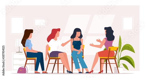 Woman therapy. Group counseling, abuse female psychological aid, psychotherapeutic women meeting professional psychoanalysis session and coach consultation vector flat concept