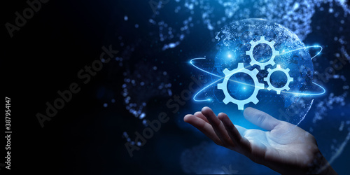 Gears icon on screen. Business and industrial process automation RPA Technology concept. photo