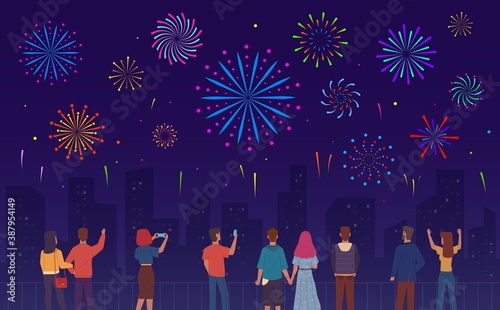 People watching fireworks. Crowd of men, women happy watch pyrotechnics show in night city landscape, urban festive evening event colorful salute celebration new year party vector concept