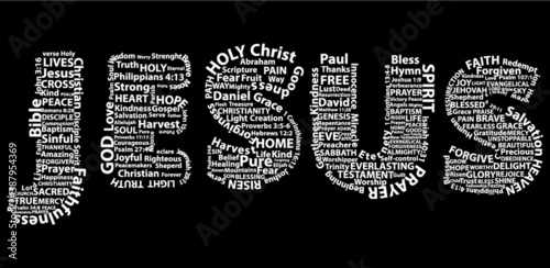 Word Jesus in white written with Christian words on black background. Christian background