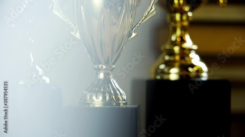 golden trophy , first medal and stack of books