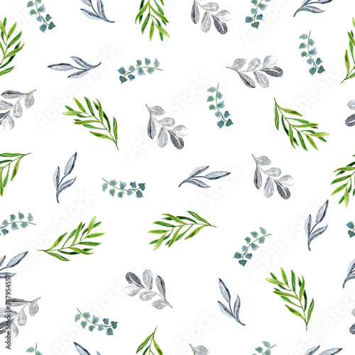 Watercolor pattern with blue and green branches and leaves. Texture for printing, wrapping paper.