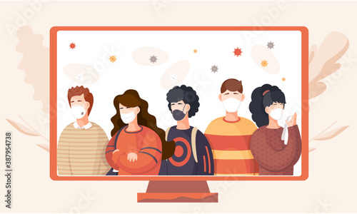 Covid-19 or coronavirus prevention protocols concept with diverse people wearing a surgical face mask and respirators. Image of students in quarantine saving from illness on computer monitor
