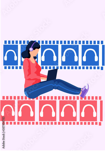 Woman in headphones sitting on vintage film strip and working with a laptop in social networks. Female character is holding computer in hands and working or studying. Headphone icon on background