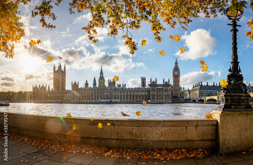Panorama des Westminster Palastes und dem Big Ben Turm in London mit bunten Herbstblättern an den Bäumen und Sonnenschein, Großbritannien