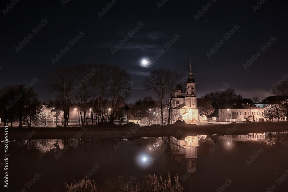 Fototapeta premium night landscape church near russia river, abstract historical landscape architecture christianity in russia tourism