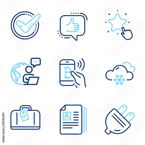 Business icons set. Included icon as Hand baggage, Bitcoin pay, Confirmed signs. Electric plug, Ranking star, Snow weather symbols. Cv documents, Like line icons. Airport bag, Mobile payment. Vector