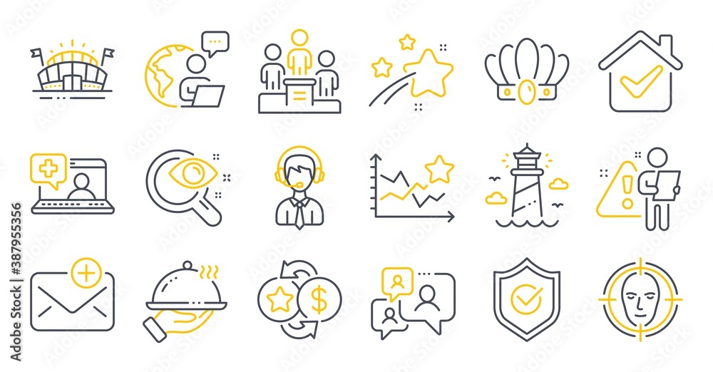 Set of line icons, such as Medical help, Sports arena, Loyalty points symbols. Face detect, Business podium, Approved shield signs. Shipping support, Restaurant food, New mail. Vision test. Vector Set of line icons, such as Medical help, Sports arena, Loyalty points symbols. Face detect, Business podium, Approved shield signs. Shipping support, Restaurant food, New mail. Vision test. Vector