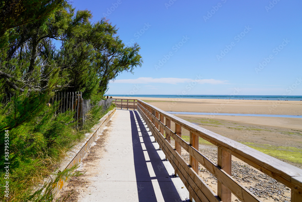 wooden pontoon walkway on sandy beach side in atlantic ocean coast horizon in Jard sur Mer in france