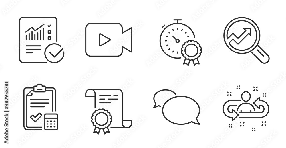 Video camera, Checked calculation and Messenger line icons set. Certificate, Accounting checklist and Best result signs. Analytics, Recruitment symbols. Quality line icons. Video camera badge. Vector Video camera, Checked calculation and Messenger line icons set. Certificate, Accounting checklist and Best result signs. Analytics, Recruitment symbols. Quality line icons. Video camera badge. Vector