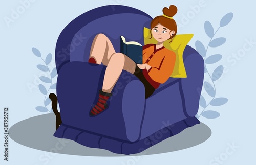 The girl on the couch is reading a book, literature fan. Girl with book. Stock vector cartoon illustration