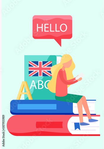 Translation service concept. Polyglot translating document, books and speach. Multilanguage dictionary. A woman sits on books with a sheet of paper in hands and is engaged in the translation of texts