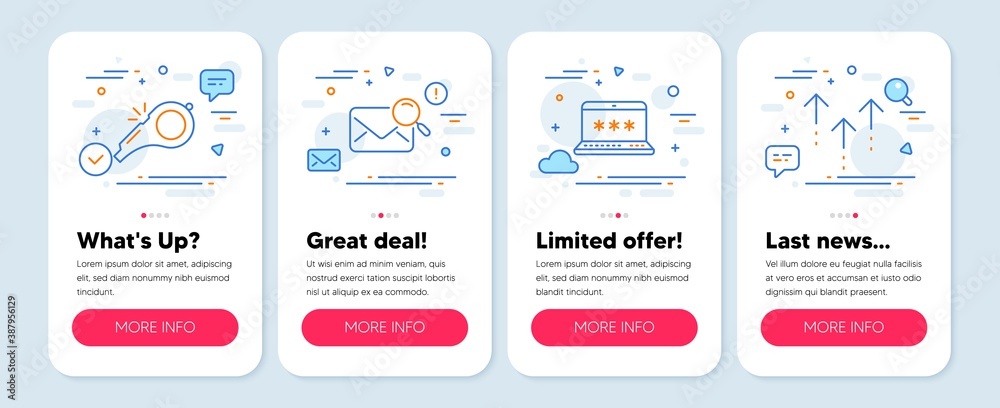 Set of line icons, such as Search mail, Whistle, Laptop password symbols. Mobile screen mockup banners. Swipe up line icons. Find letter, Kick-off, Computer access. Scrolling arrow. Vector