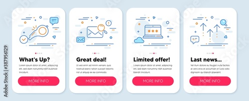 Set of line icons, such as Search mail, Whistle, Laptop password symbols. Mobile screen mockup banners. Swipe up line icons. Find letter, Kick-off, Computer access. Scrolling arrow. Vector