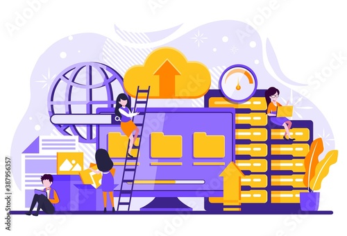 Concept business cloud computing, Data provision and cloud computing services for web page, banner, presentation, social media, documents, cards, posters. Tiny people illustration. Vector illustration