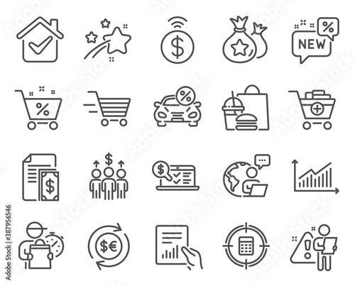 Finance icons set. Included icon as Meeting, Loan percent, Car leasing signs. Payment, Money currency, Online accounting symbols. Document, Graph, Delivery shopping. Loyalty points, New. Vector