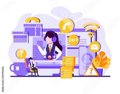 Customer support. Personal assistant service, person advisor and helpful advice services. Social media network services, online supporter agents. Vector illustration