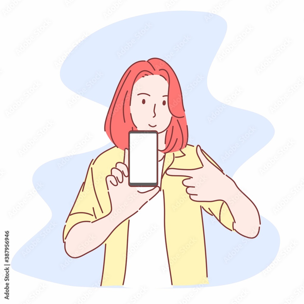 Woman pointing at smartphone. Hand drawn flat character. Woman pointing at smartphone. Hand drawn flat character.