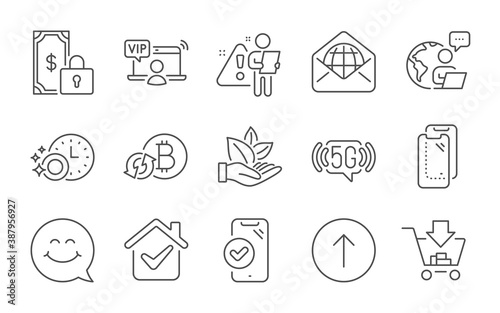 Organic product, 5g wifi and Smartphone glass line icons set. Swipe up, Approved phone and Private payment signs. Web mail, Refresh bitcoin and Smile face symbols. Line icons set. Vector