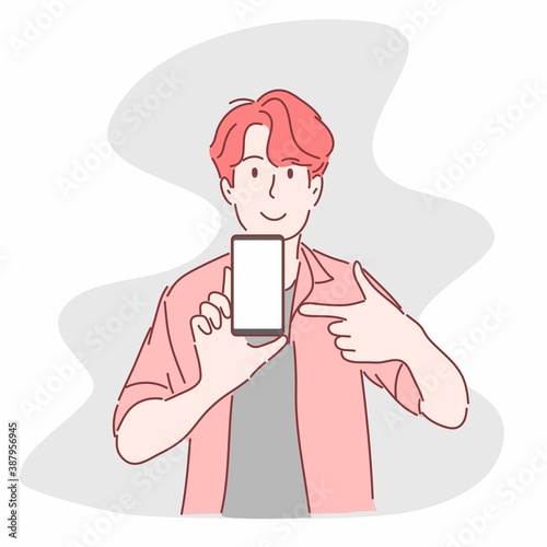 Man pointing at smartphone. Hand drawn flat character.