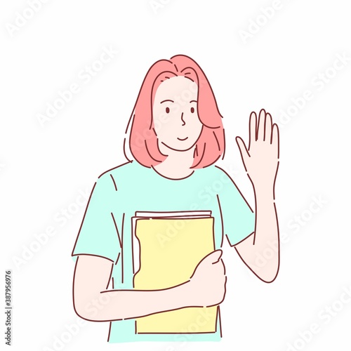 Woman holding folder and gesturing raise hand to greet.