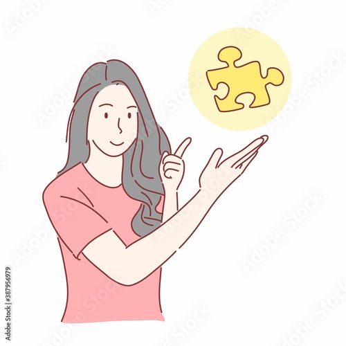 Woman pointing at jigsaw puzzle. resolve, fixing, answer problem, idea concept. Hand drawn flat character
