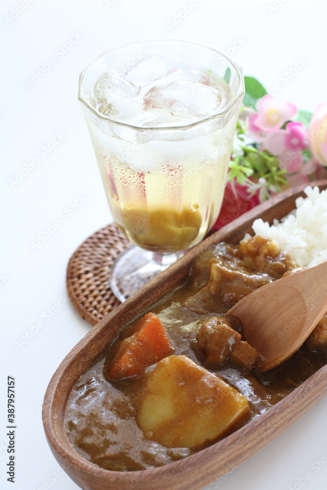 homemade Japanese packed curry rice lunch box, bento on white background