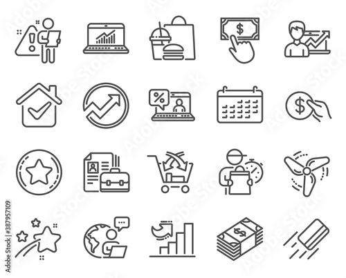 Finance icons set. Included icon as Calendar, Success business, Credit card signs. Loyalty star, Online loan, Audit symbols. Vacancy, Growth chart, Payment. Cross sell, Online statistics. Vector