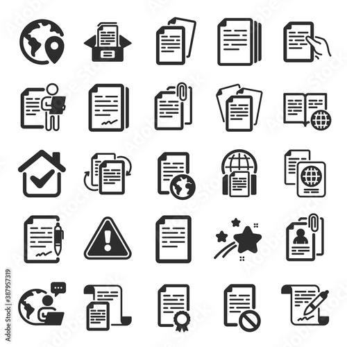 Documents icons. Copy files, Contract agreement, Passport. CV interview, documents workflow, attachment clip icons. Change files, wrong document, bureaucracy and contract signature. Vector