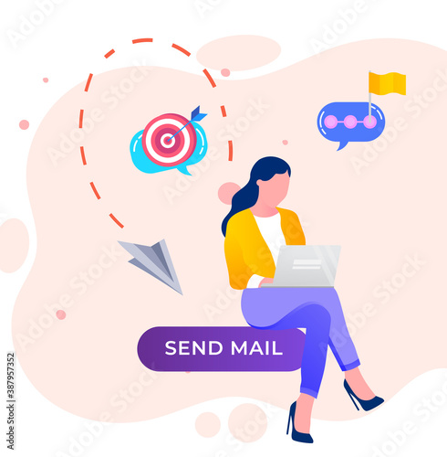 Email message concept. Woman communicates online using computer and internet technologies. Office worker sends an email and receives a response. Chatting using the laptop vector illustration