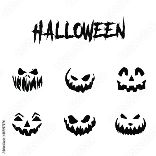 Set of Halloween Pumpkin Scary Faces Silhouettes Vector Shape Graphics