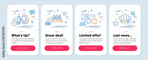 Set of Business icons, such as Discounts, Medical vaccination, Queue symbols. Mobile app mockup banners. Crown line icons. Best offer, Syringe vaccine, People waiting. Monarchy king. Vector