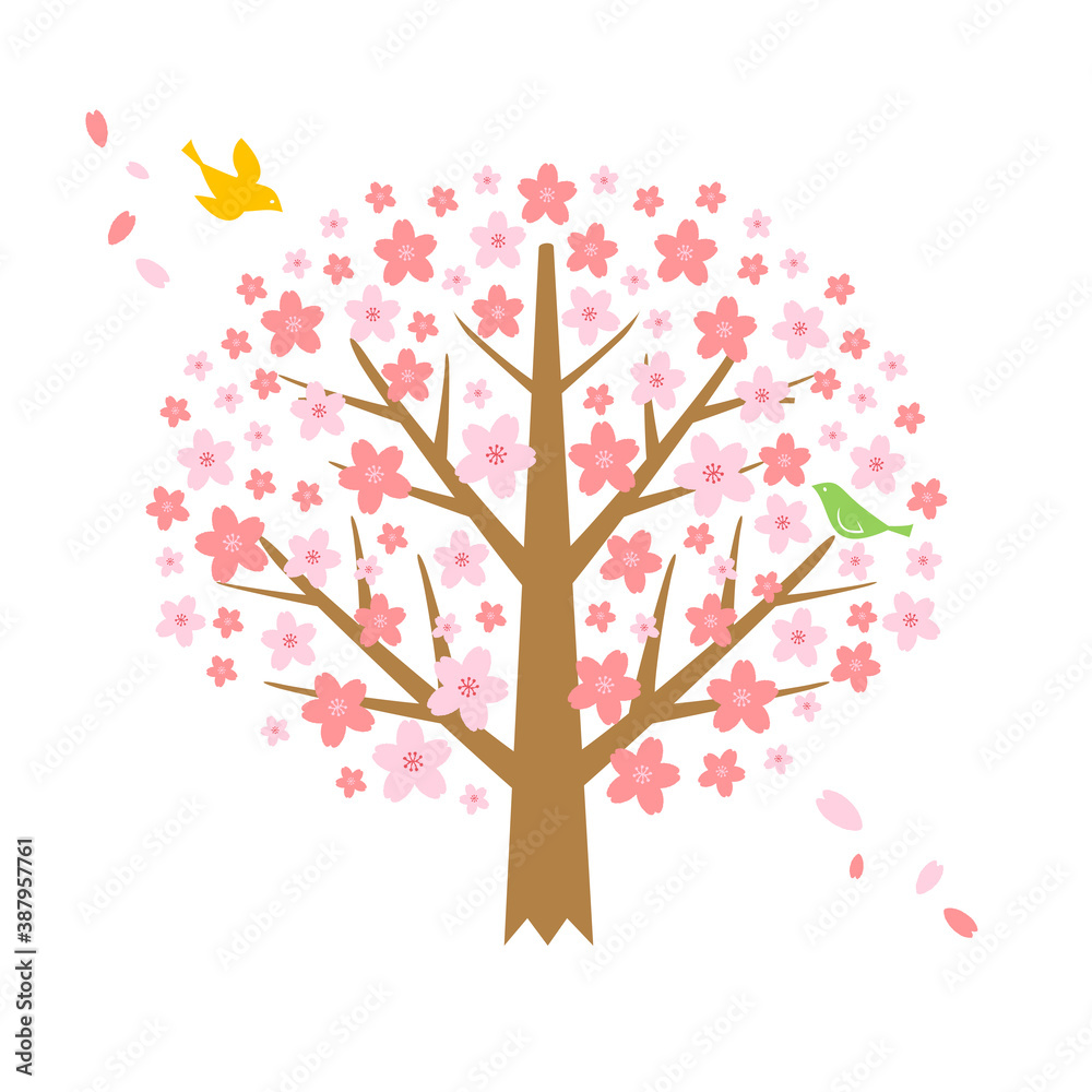 Fototapeta premium 桜の木と鳥のイラスト