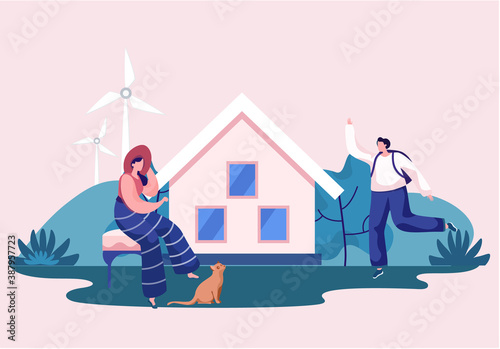 Cute young girl in hat sitting on the bench looking at the cheerful cat on the street with the wind farm. Adorable woman spending time with her domestic animal cheerful kitty, waiting for a friend