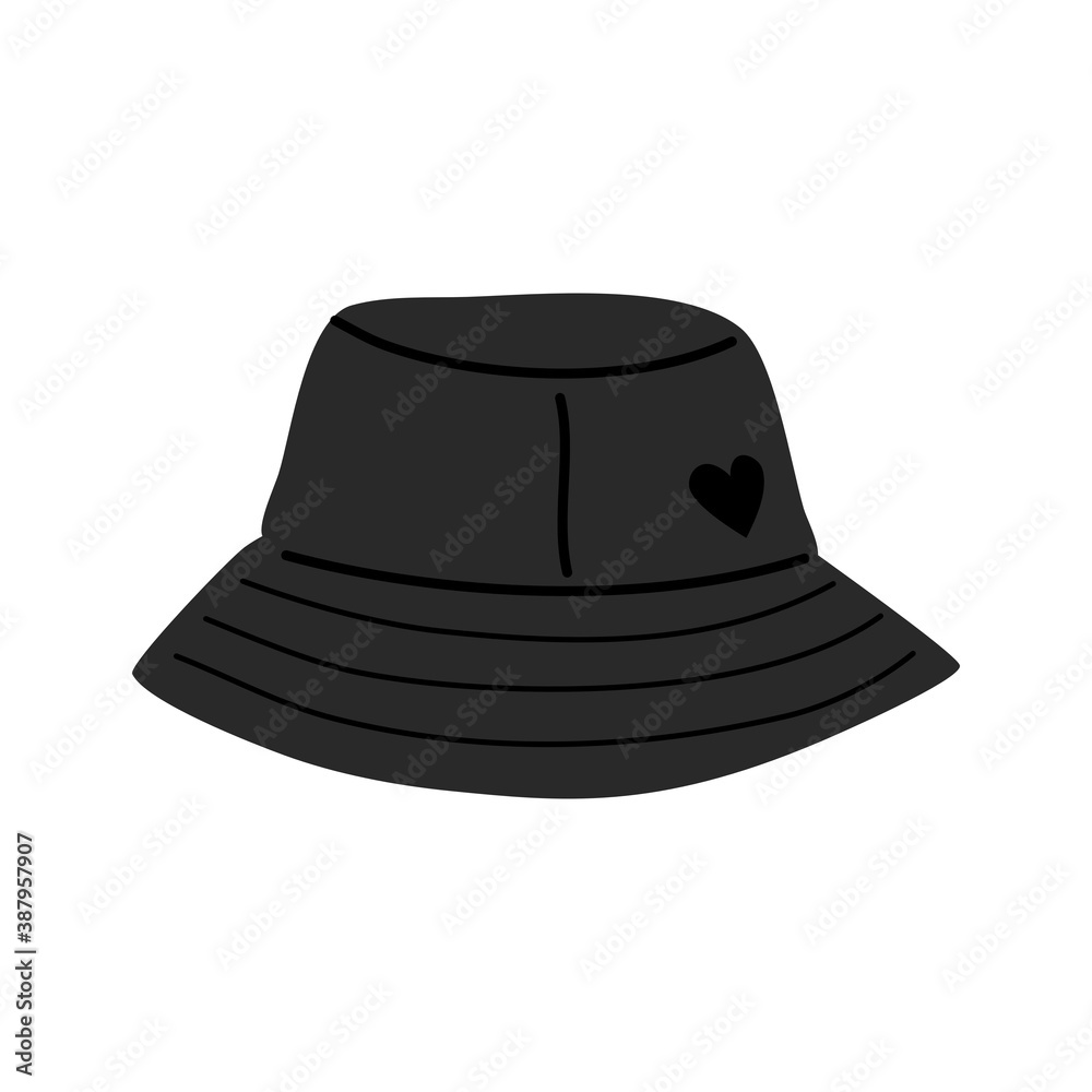 Hand drawn cute bucket hat with heart sign. Flat vector illustration. Hand drawn cute bucket hat with heart sign. Flat vector illustration.